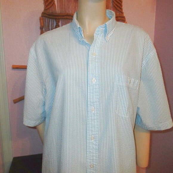 Lands End Seersucker Button Down Shirt Men Size XLT Traditional Fit Short Sleeve - Picture 2 of 11